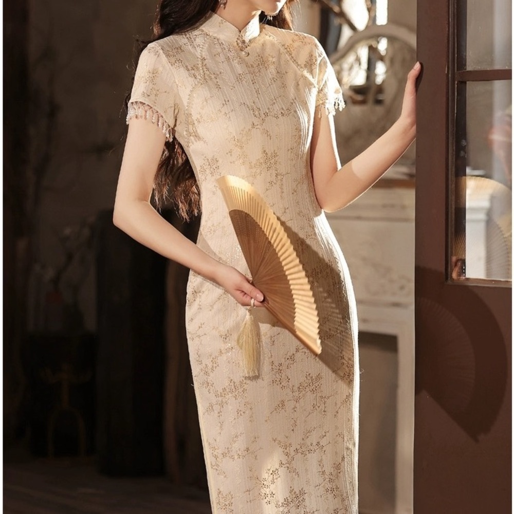 NWOT Chinese traditional dress cheongsam qipao pearl detail